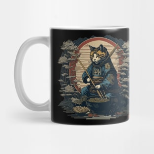 Cat samurai with a bowl of ramen Mug